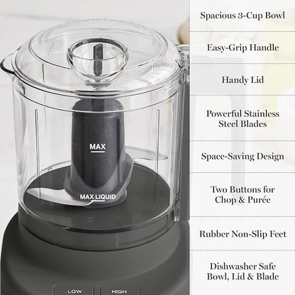 Martha Stewart 3 Cup Electric Food Chopper, Vegetable & Herb Mini Food Processor, 24oz BPA-Free Bowl, Stainless Steel Blades, Pour Spout, Dicing, Mincing, Chop & Puree, Dishwasher Safe, Caviar
