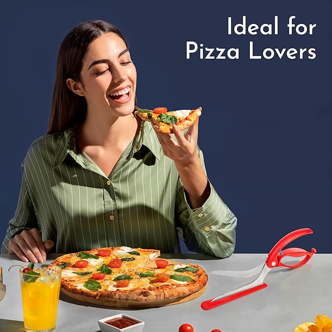 Red Pizza Scissors - Non-Stick Pizza Scissors with Firm Grip Base - Food Grade Stainless Steel Pizza Cutter - 5-in-1 Food Slicer & Pizza Server - Durable, Safe & Mess Free