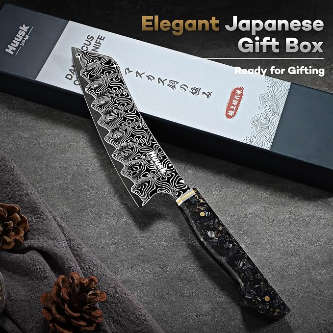 Huusk Damascus Japanese Chef Knife - Ultra Sharp Damascus VG-10 Kitchen Knife, Professional Santoku Knives with Ergonomic Resin Handle, Ideal Birthday Dad Mom Gift