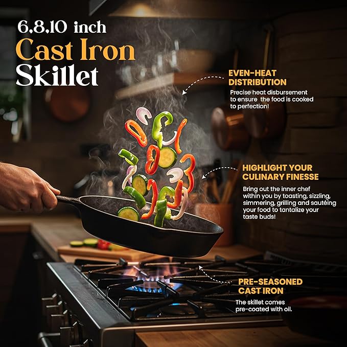 Utopia Kitchen Premium Cast iron Skillets 3 Piece Set, Chef's Pan, Pre Seasoned Frying Pan, 6, 8 & 10 Inches, PFAS-Free, Stovetop, Campfire & Grill Large Skillet, Even Heat Distribution Cast Iron Pan