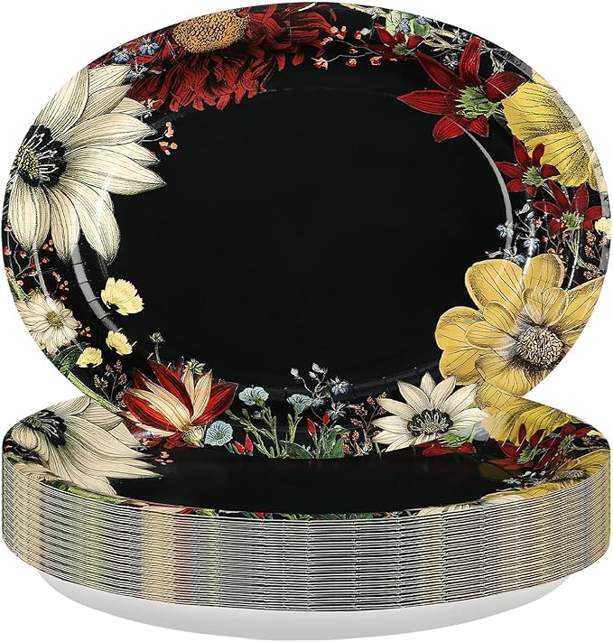 50Pcs Boho Flower Oval Paper Plates 10" x 12" Large Disposable Heavy Duty Black Vintage Floral Dessert Platters for SummerTropical Night Birthday Wedding Bridal Shower Tea BBQ Party Decorations