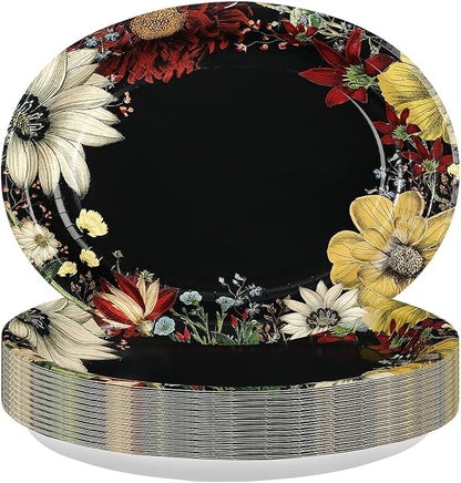 50Pcs Boho Flower Oval Paper Plates 10" x 12" Large Disposable Heavy Duty Black Vintage Floral Dessert Platters for SummerTropical Night Birthday Wedding Bridal Shower Tea BBQ Party Decorations