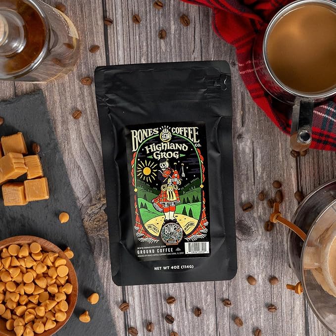 Bones Coffee Company Favorite Flavors Sample Pack Box Set with Specialty Coffee Mug, 5 Assorted Single-Origin Low Acid Medium Roast Arabica Beans Flavored Coffee Gifts, 4 oz Pack of 5 Ground