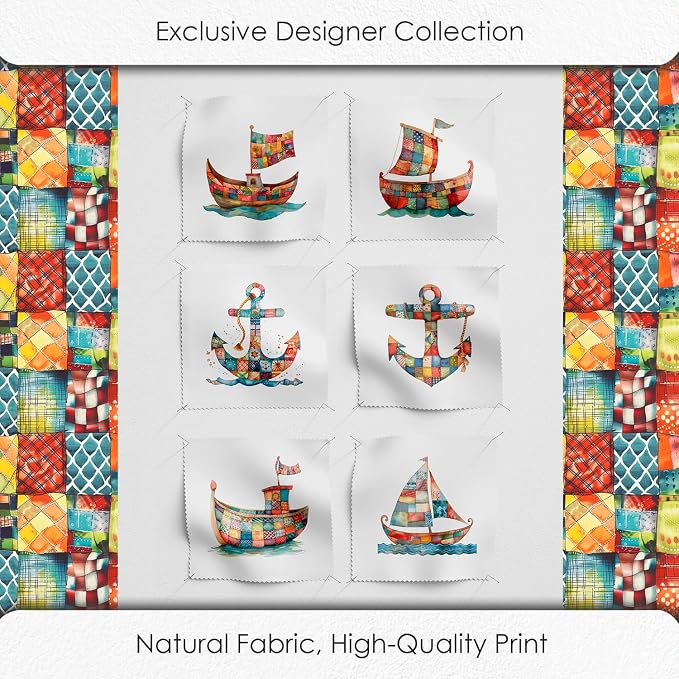Patchwork Boat Cotton Fabric Panel – Six 10×10 inch Designs + Bonus 29.5×19.6 inch Patchwork Sheet, 100% Turkish Cotton 140 GSM