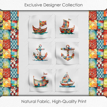 Patchwork Boat Cotton Fabric Panel – Six 10×10 inch Designs + Bonus 29.5×19.6 inch Patchwork Sheet, 100% Turkish Cotton 140 GSM