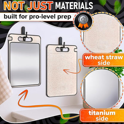 Titanium Cutting Board with Knife Sharpener 14.3"x9.8" – Double Sided GR1 Titanium Cutting Boards for Meat, with Wheat Straw + PP Side for Fruits – Built-in Handle, Garlic Grater & Juice Grooves