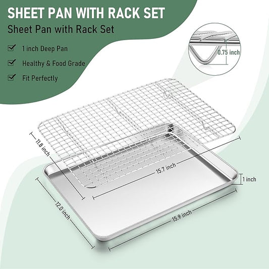 Homikit Jelly Roll Pan with Cooling Rack Set (2 Pans+2 Racks), 16" x 12" Stainless Steel Baking Sheet Tray with Wire Grid Rack, Cookie Bacon Pan for Oven Cook Roast, Rust Proof & Nonstick