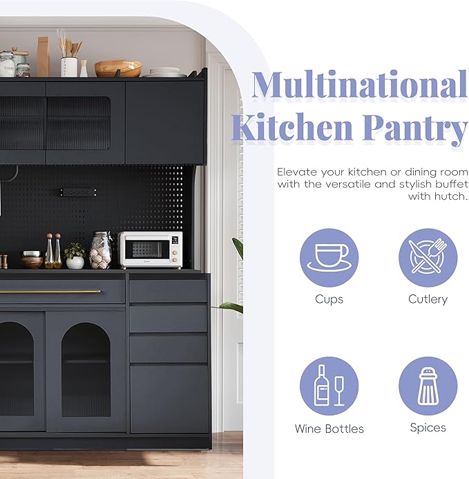 VilroCaz Freestanding Large Kitchen Pantry, Wooden Kitchen Large Coffee Bar Storage Cabinet with 6 Drawers, 5 Cabinets with Adjustable Shelves, Pegboard, Towel Rack, Power Outlet (Black-po)