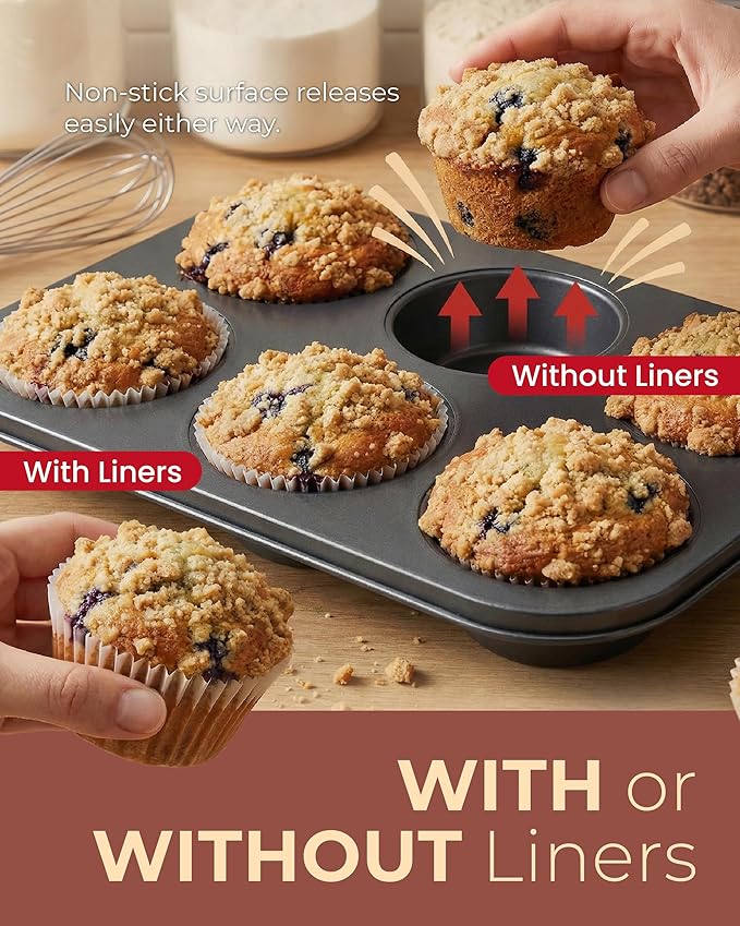 CARTMAN 2-Pack Jumbo Muffin Pan with 150 Cupcake Liners, Nonstick 6-Cup Large Muffin Tin for Baking, Food-Grade Carbon Steel Cupcake Pan for XL Treats & Egg Bites, Perfect for Family Breakfasts