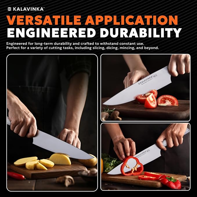 8 Inch Razor Sharp Chef Knife, High Carbon German Steel Blade with Comfortable Grip, Ideal for Meal Prep with Gift Box and 3.5 Inch Paring Knife, BBQ Knife (RUPA)