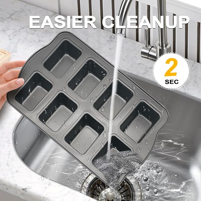 Mini Loaf Pans Nonstick, Bread Muffin Pan with Silicone Handle for Oven, 8 Cavity, Carbon Steel, Dishwasher Safe & Easy Cleanup Small Loaf Tray, for Baking, Gray, 2 Packs