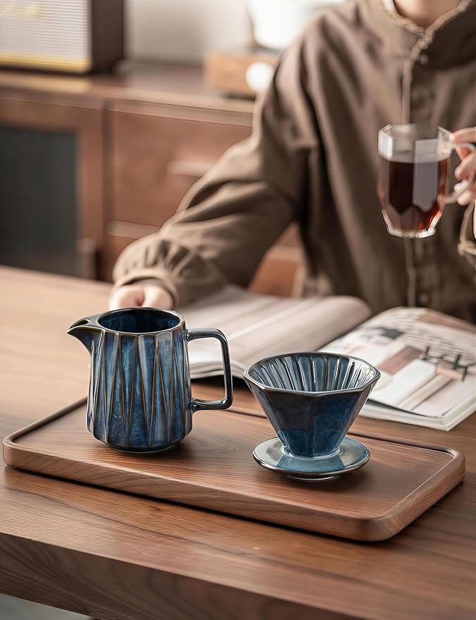 Pour Over Coffee Maker Set, Vintage Ceramic Coffee Dripper with 50 Paper Filters, 15oz/450ml, for Home Café Restaurant Camping