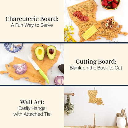 Totally Bamboo Destination Louisiana Shaped Cutting Board – Bamboo Charcuterie and Serving Board with Hang Tie for Wall Display