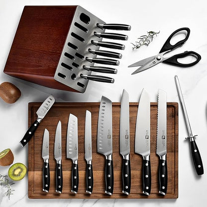 Klaus Meyer 19-Piece Knife Block Set with Sharpener, High Carbon German Stainless Steel (Stahl), Full-Tang Handles, Kitchen Knife Set (Black)