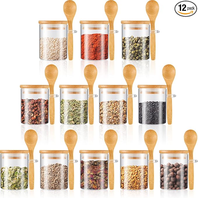 Tessco for you 12 Pack 6 oz Glass Spice Jars with Bamboo Lids and Wooden Spoons, Clear Storage Containers for Sugar, Salt, Coffee, Tea, DIY Gifts, and Sugar Scrubs Organization Set for Kitchen