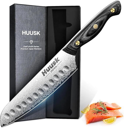 Huusk Damascus Santoku Knife 7 inch, Japanese Knives with Sharp Edge and Wooden Handle Hand Forged Chef Knives for Home Use, Meat Vegetables Fish Knives, Christmas Gift for Men and Women