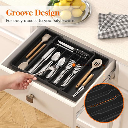 Lifewit Silverware Drawer Organizer, Expandable Utensil Tray for Kitchen, BPA Free Flatware and Cutlery Holder, Adjustable Plastic Storage for Spoons Forks Knives, 11-18 x 14", Black