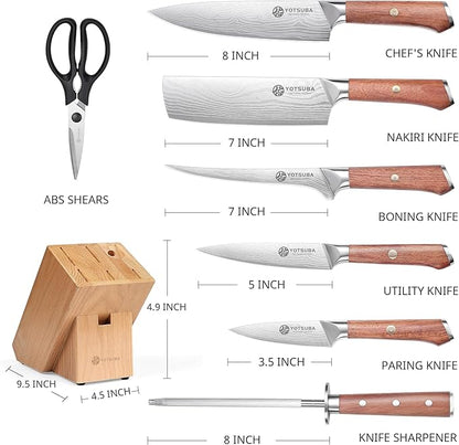 YOTSUBA 8 PCS Japanese Kitchen Knife Set with Block, Professional Ultra Sharp High Carbon Stainless Steel Chef Knives, Ergonomic Natural Rosewood Handle for Kitchen