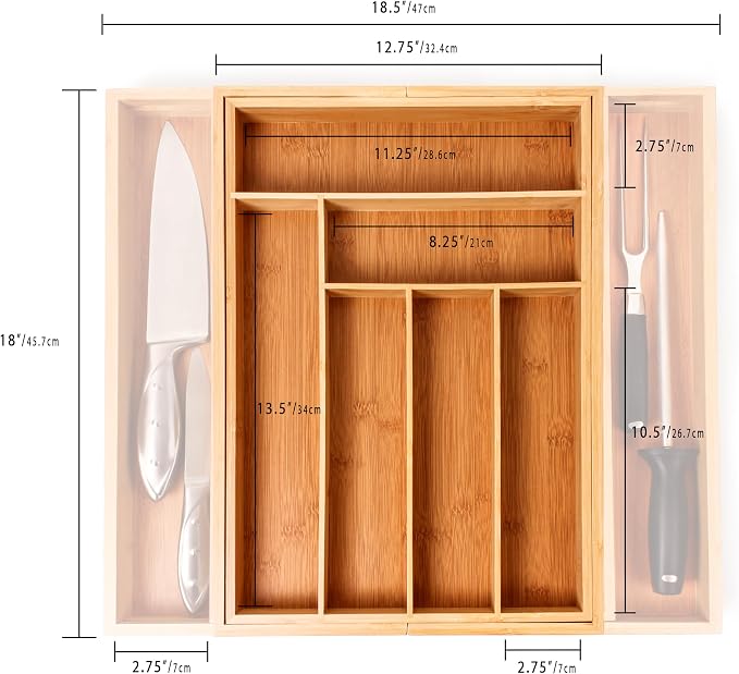 BergHOFF Bamboo 8-Slot Expandable Flatware Organizer, Expand between 12.75" to 18.5