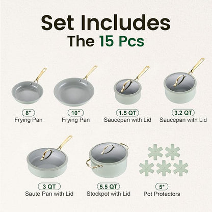 Chef Power Ceramic Cookware Sets, 15Pcs Pots and Pans Set Non Stick, Cookware Set with Stainless Steel Handle, Dishwasher & Oven Safe, Sage Green and Granite Grey