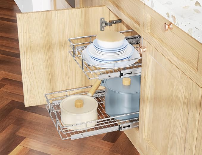 LOVMOR Individual Pull Out Cabinet Organizer, 2 Tier Slide Out Cabinet Drawers, Pots and Pans Organizer and Storage Pantry Shelf for Kitchen (11½" W x 21½" D)