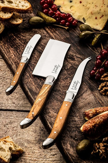 Laguiole Style De Vie Cheese Knives, Luxury Line, Olive Wood, Set of 3 Pieces, Giftbox Included