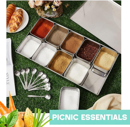 Boao 10 Compartment 304 Yakumi Pans Stainless Steel Seasoning Condiment Container with Lids Spoons, Japanese Yakumi Pans Mini Sauces Salad Dressings Storage for Food, Herbs, Spices