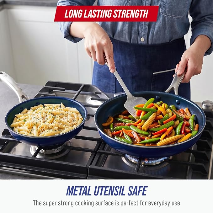 Blue Diamond 9.5” and 11" Frying Pan Skillet Set, Diamond Infused PFAS & PFOA-Free Ceramic Nonstick Pots & Pans, Durable Non Toxic Metal Utensil Safe & Scratch Resistant, Dishwasher & Oven Safe, Blue