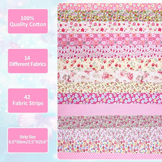 42Pcs Jelly Roll Fabric Strips Soft Cotton Quilting Fabric 2.5 x 20 Inch Pre-Cut Cotton Strips Bundles for Quilting Crafting and Sewing(Red and Pink)