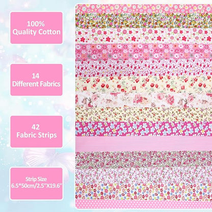 42Pcs Jelly Roll Fabric Strips Soft Cotton Quilting Fabric 2.5 x 20 Inch Pre-Cut Cotton Strips Bundles for Quilting Crafting and Sewing(Red and Pink)
