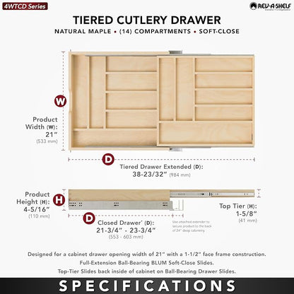 Rev-A-Shelf Maple Two-Tier Cutlery Replacement Drawer System w/BLUM Soft-Close for Face Frame Base Kitchen Cabinets, Kitchen Drawer Organizer, Min Opening Width of 21", 4WTCD-24HSC-1