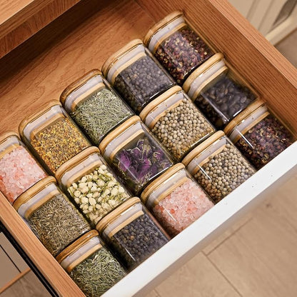 SHOWIN Glass Food Storage Jars Square 4oz, 12 Pack Glass Jars With Bamboo Lids, Kitchen Storage Containers For Spice, Candy, Cookie, Storage For Pantry Organizers