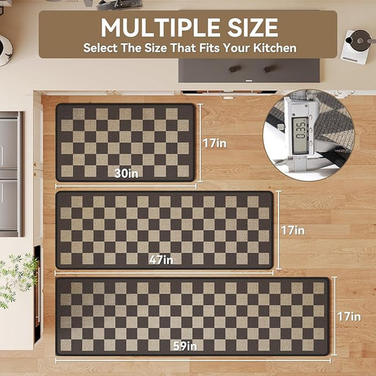 YDKGL Kitchen Mats for Floor, Super Absorbent Kitchen Rugs Non Slip Washable, Linen-Look Woven Cushion Kitchen Runner Rug, Kitchen Sink Standing Mat, Black Beige Checkered 17"x30"