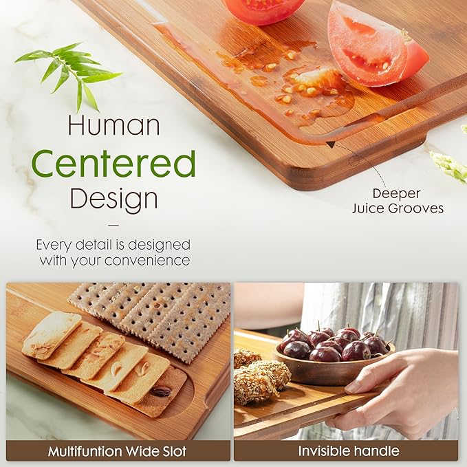 Bamboo cutting board with sliced tomatoes and bread, featuring text on human-centered design.