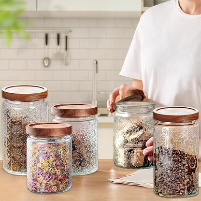 Vintage Glass Jars with Wooden Lids, 2 Pack 34 oz Airtight Glass Food Storage Containers Sets for the Kitchen, Sugar Coffee Candy Spice Cookie Tea Pasta