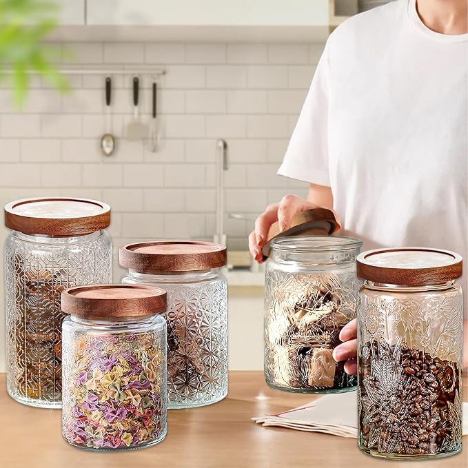 Vintage Glass Jars with Wooden Lids, 2 Pack 24 oz Airtight Glass Food Storage Containers Sets for the Kitchen, Sugar Coffee Candy Spice Cookie Tea Pasta