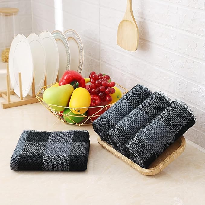 Homaxy Kitchen Towels and Dishcloths Set, 12 x 12 and 13 x 28 Inches, Set of 16 100% Cotton Waffle Weave Check Plaid Kitchen Dish Towels, Super Soft and Absorbent Dish Cloths, Black & Grey