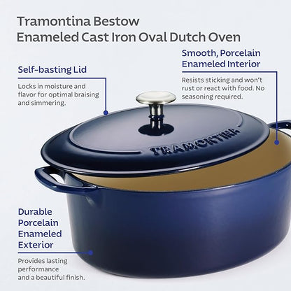 Tramontina Bestow Enameled Cast Iron Oval Dutch Oven Pot with Lid, Large 7-quart, Blue
