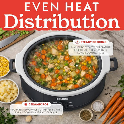 Gourmia Slow Cooker - 7 Quart Removable Ceramic Pot, Manual Controls with 3 Temperature Settings, Dishwasher Safe Crock and Glass Lid, Gray