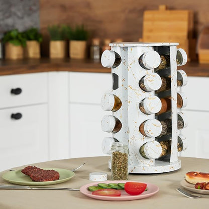 Relaxdays, White Spice Carousel, 20 Spice Jars, Shaker Insert, 360° Rotatable, Spice Bar, H x D 33.5 x 19 cm, Marble Look, Glass