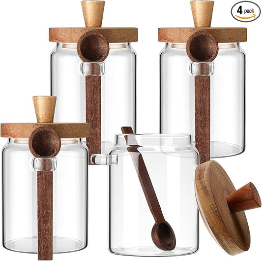 Remerry Set of 4 Glass Jar with Wooden Lid and Spoon, 20 oz Coffee Bean Tea Sugar Jar Set, Clear Airtight Spice Canisters Glass Food Storage Kitchen Containers for Coffee Bean Tea Sugar