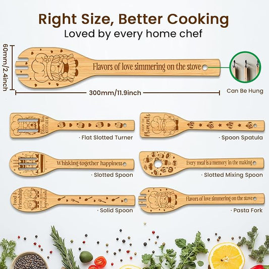 CUTHOLLOW 6PCS Baking Gnome Wooden Kitchen Cooking Utensil Set, 11.9in Non Toxic Bamboo Wood Spoon Set for Cooking, Best Housewarming Birthday Thanksgiving Christmas Gift for Women Mother