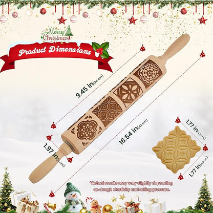 Gobam Embossed Rolling Pin for Cookies, Engraved Wooden Rolling Pin for Baking, Deep Pattern Cookie Roller for Christmas, Holiday, DIY Kitchen Decor and Gift - Vintage Tile