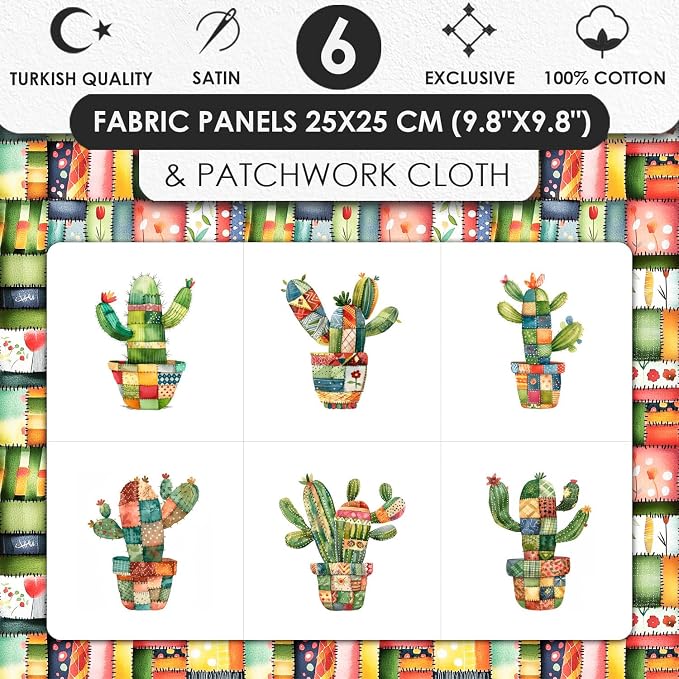 Patchwork Cactus Cotton Fabric Panel – Six 10×10 inch Designs + Bonus 29.5×19.6 inch Patchwork Sheet, 100% Turkish Cotton 140 GSM