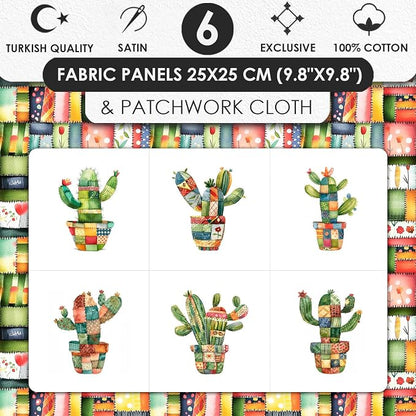 Patchwork Cactus Cotton Fabric Panel – Six 10×10 inch Designs + Bonus 29.5×19.6 inch Patchwork Sheet, 100% Turkish Cotton 140 GSM
