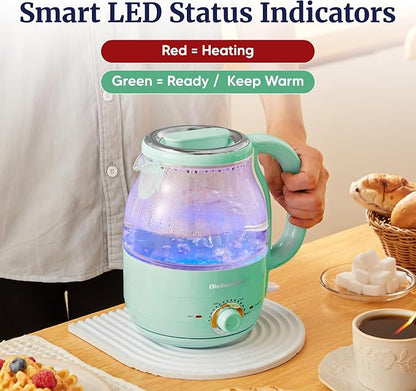 Elite Gourmet 1.2L Electric Glass Kettle, 1200W Fast Boil, Adjustable Temperature Control & Keep Warm, BPA-Free Borosilicate Glass, Auto Shut-Off & Boil-Dry Protection, 360° Cordless Base, Mint