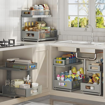 2 Pack 15.74IN-Depth Under Sink Organizer With Next-Gen Ball-Bearing Slides,2-Tier Pull Out Cabinet Storage,Height Adjustable Drawer Shelf for Bathroom,Kitchen,Laundry,Cabinet,Pantry-Gun Gray