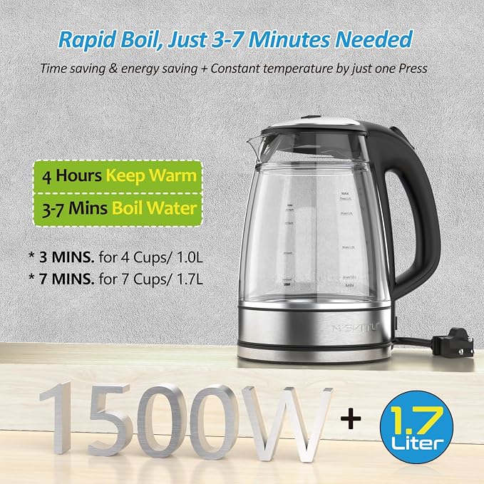 NISVITU 1.7L Dual Wall Cool Touch Electric Kettle, BPA-Free Borosilicate Glass Inner, PC Outer, 1500W Fast Boil Cordless Hot Water Boiler & Electric Tea Kettle, Keep Warm, Auto Shut-Off, Black