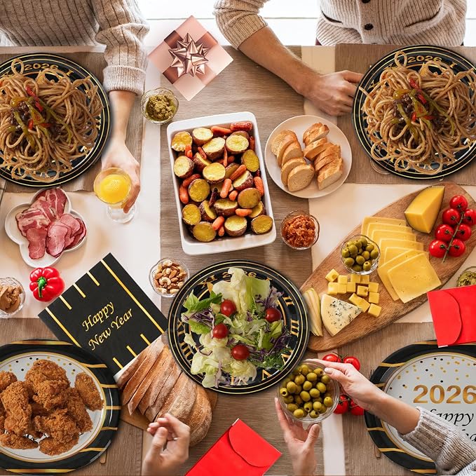 Dereinwo 100 PCS New Year Paper Plates and Napkins | Bundle Includes Paper Oval Dinner Plates Dessert Plates and Napkins for New Year Party Supplies