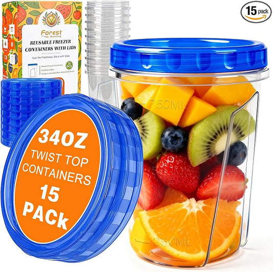 15 Pack 34oz Reusable Freezer Storage Containers with Twist Top Lids Airtight, Clear Plastic Soup Freezer Containers, Quart Food Storage Containers with Lids for Meal Prep Leftover Lunch Salad Fruit